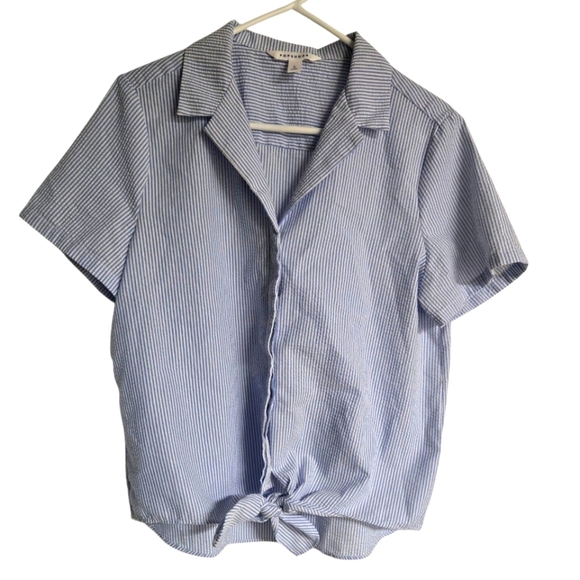 POPSUGAR Women's Blue Striped Front Tie Button Up Shirt Large - Picture 2 of 6